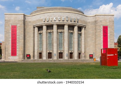 BERLIN, GERMANY - CIRCA JULY, 2018:  The Facade Of The Volksbuehne (People's Theatre) At Rosa Luxemburg Platz In Berlin Mitte.