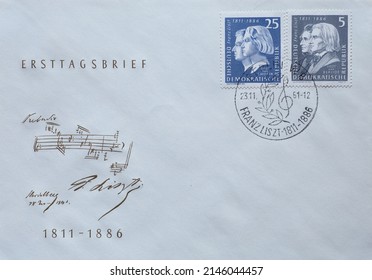 Berlin, Germany East - DDR - November 23, 1961 : Envelope With A First Day Cover On The Postage Stamp Showing Busts Of Franz Liszt And Hector Berlioz As Well As Franz Liszt And Frédéric Chopin