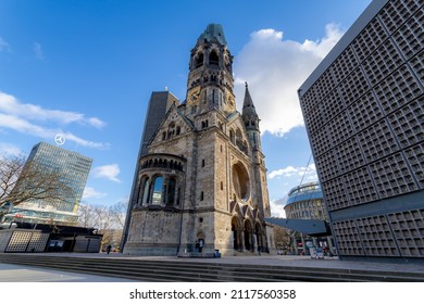 BERLIN, GERMANY - February 02, 2022: A Protestant Church, The Kaiser Wilhelm Memorial (Kaiser-Wilhelm-Gedächtniskirche In German) Located On The Kurfürstendamm In The Centre Of The Breitscheidplatz.