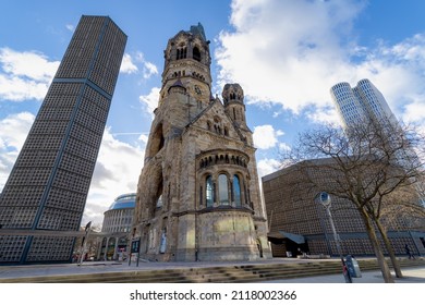 BERLIN, GERMANY - February 02, 2022: A Protestant Church, The Kaiser Wilhelm Memorial (Kaiser-Wilhelm-Gedächtniskirche In German) Located On The Kurfürstendamm In The Centre Of The Breitscheidplatz.