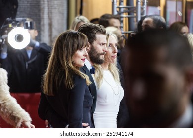 BERLIN, GERMANY - FEBRUARY 11, 2015: Actress Dakota Johnson, Actor Jamie Dornan And Director Sam Taylor-Johnson Attend The 'Fifty Shades Of Grey' Premiere During The 65th Berlinale 