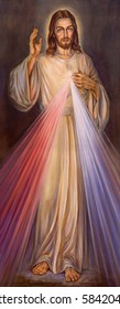 BERLIN, GERMANY, FEBRUARY - 15, 2017: The painting of traditional Divine Mercy of Jesus in St. John the Baptist church by unknown artist of 20. cent.