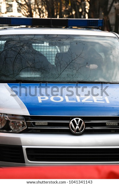 Berlin, Germany - February 15, 2018: German\
national police car. Law enforcement in Germany is constitutionally\
vested solely with the\
states