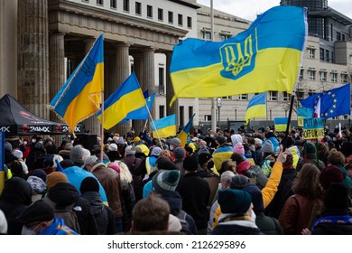 Berlin, Germany - February 19 2022: The demonstration in front of the Brandenburg Gate in support of Ukraine and against the Russian aggression. Protesters against Russia's war in Donbas, Ukraine.