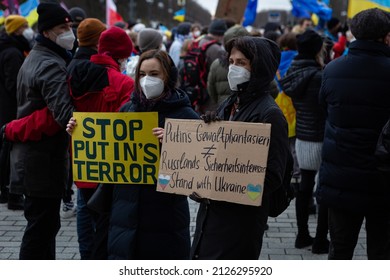 Berlin, Germany - February 19 2022: The Demonstration In Front Of The Brandenburg Gate In Support Of Ukraine And Against The Russian Aggression. Protesters Against Russia's War In Donbas, Ukraine.