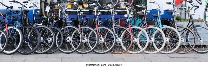 Berlin, Germany, February 24, 2022, Row Of Bicycles In Front Of A Bicycle Store.