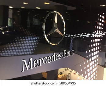 Berlin, Germany - February 27, 2017: Mercedes Benz Dealership Logo. Mercedes Benz Is A German Manufacturer Of High End Cars, Headquartered In Stuttgart