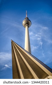 Berlin, Germany - february 29, 2012:  Berlin tvtower wideangel shot with blue sky. Dramatic composition.