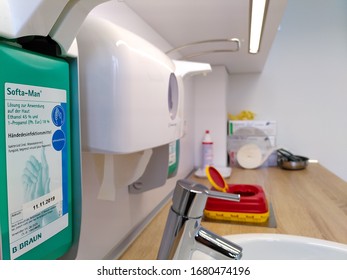 Berlin, Germany - February 3, 2020: Interior Hygiene Station In A German Medical Office, With Focus On The Hand Sanitizer. 