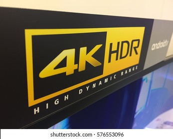 Berlin, Germany - February 8, 2017: 4k ultra hdr icon. High Dynamic Range (HDR) is the latest buzz-phrase in the TV world, that could bring noticeable leaps in picture performance