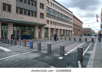 Berlin; Germany, Wilhelmstraße January, 28, 2019, Security Measures At The Entrance To The English Embassy At Brandenburger Tor And Wilhelmstraße