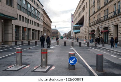 Berlin; Germany, Wilhelmstraße January, 28, 2019, Security Measures At The Entrance To The English Embassy At Brandenburger Tor And Wilhelmstraße