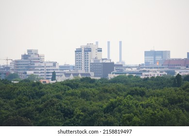 Berlin, Germany - Jul 2010: Aerial view of Berlin cityscape and Tiergarten in summer view from Reichstag dome with clear blue sky background. No people.
