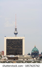 Berlin, Germany - Jul 2010: Berlin Cityscape In Summer With Berlin TV Tower, Berliner Dom And International Trade Centre. Clear Blue Sky Background. No People.