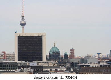 Berlin, Germany - Jul 2010: Berlin Cityscape In Summer With Berlin TV Tower, Berliner Dom And International Trade Centre. Clear Blue Sky Background. No People.