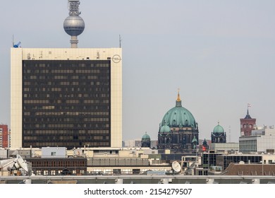 Berlin, Germany - Jul 2010: Berlin Cityscape In Summer With Berlin TV Tower, Berliner Dom And International Trade Centre. Clear Blue Sky Background. No People.