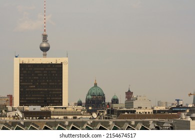 Berlin, Germany - Jul 2010: Berlin Cityscape In Summer With Berlin TV Tower, Berliner Dom And International Trade Centre. Clear Blue Sky Background. No People.