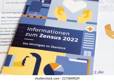 Berlin, Germany- July 06.2022: Detail Of The Notification Of Dates For The 2022 Census Survey And Information Brochure