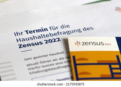 Berlin, Germany- July 06.2022: Detail Of The Notification Of Dates For The 2022 Census Survey And Information Brochure