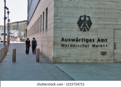 BERLIN, GERMANY - JULY 14,2018: Women Police Patrol The Street And Ministry Of Foreign Affair In Downtown. Berlin Is The Capital And German Largest City By Both Area And Population.