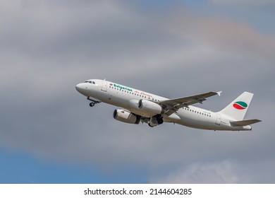Berlin, Germany - July 15, 2018: European Air Charter Airbus A320 Aircraft Flying In The Sky, Tegel Airport