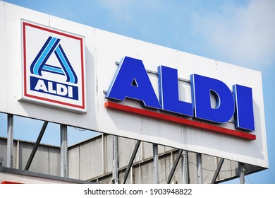 Berlin, Germany - July 20, 2019: Sign at the entrance to an ALDI Nord store in Berlin, Germany  -  ALDI is the common brand of two leading global supermarket chains