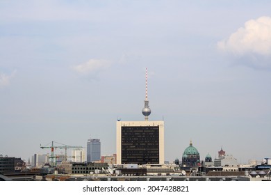 Berlin, Germany - July 2010: Berlin Cityscape In Summer With View Of The Famous Berlin TV Tower, Berliner Dom And International Trade Centre. Clear Blue Sky Background. No People. 