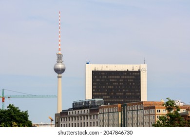 Berlin, Germany - July 2010: Berlin Cityscape In Summer With View Of The Famous Berlin TV Tower And International Trade Centre. Clear Blue Sky Background. No People. 