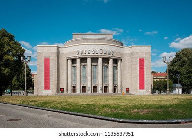 Berlin, Germany - July 2018:   The Facade Of The Volksbuehne (