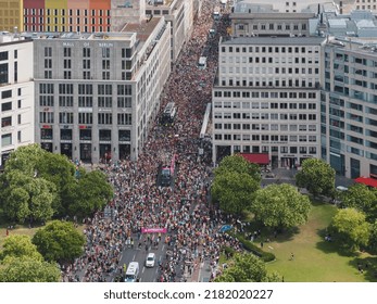 Berlin, Germany - July 23, 2022: Pride Parade Large Crowd CSD 2022 Passing Through Potsdamer Platz From Leipziger Straße Aerial View Of The Demonstration