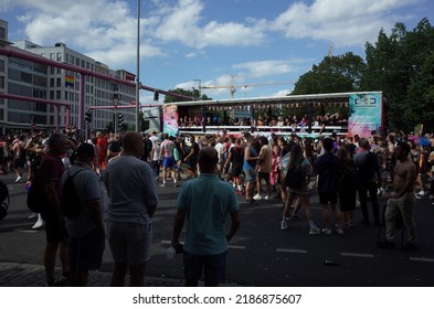 Berlin, Germany - July 23 2022: People Following A Float Truck Near Klingelhoferstrasse During Christopher Street Day (CSD) Berlin Pride Parade.