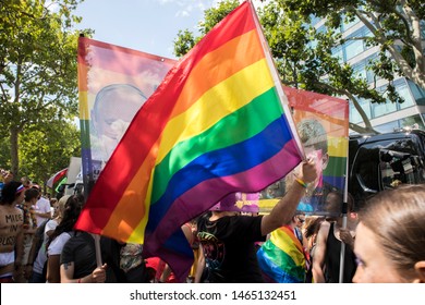 BERLIN, GERMANY - JULY 27, 2019: Gay pride, or Christopher Street Day, in Berlin with a portrait of a gay, straight, queer, bisexual or binary person who wants to express freedom, liberty and love.