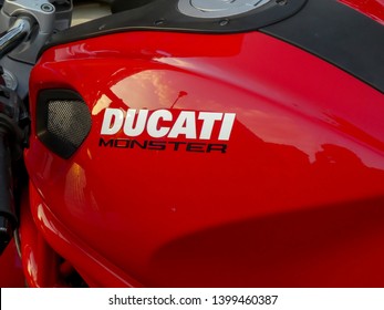 Berlin, Germany - July 30, 2018: Red Ducati Monster Motorcycle. Ducati Motor Holding S.p.A. Is An Italian Company That Designs And Manufactures Motorcycles