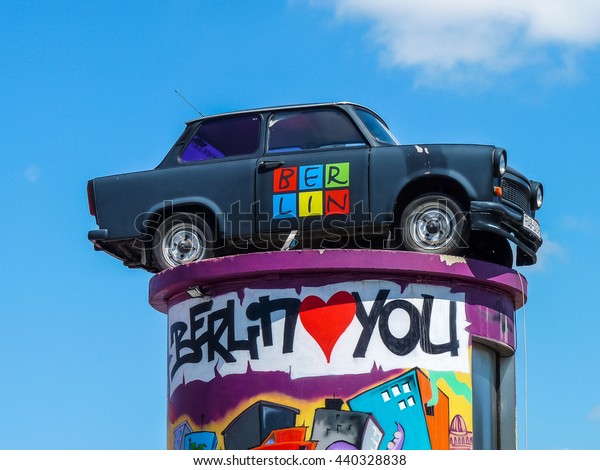 Berlin,\
Germany - July 6, 2013: Berlin trabi world museum close to\
Checkpoint Charlie. Iconic East German car and at Trabi World you\
can drive a trabant along the wall\
sights.