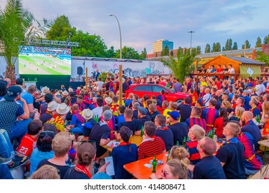 BERLIN, GERMANY - JUNE 06, 2015: Barcelona team fans supporting their team outside of the stadium in Berlin. Final match of champios league