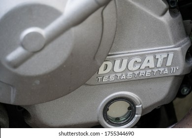 Berlin, Germany - June 10, 2020: Ducati Testastretta 11 Engine. Ducati Motor Holding S.p.A. Is An Italian Company That Designs And Manufactures Motorcycles