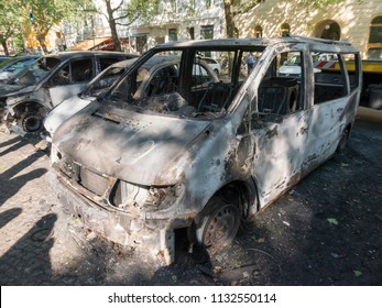 Berlin, Germany - June 16, 2018: Completely burnt out cars