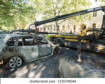 Berlin, Germany - June 16, 2018: Adac breakdown assistance to completely burnt out cars.  Founded in 1903, the ADAC (General German Automobile Club) is an automobile club in Germany
