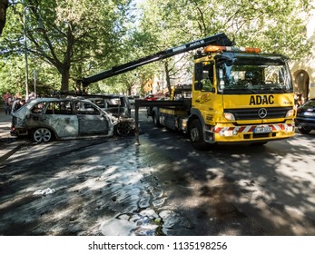 Berlin, Germany - June 16, 2018: Adac breakdown assistance to completely burnt out cars.  Founded in 1903, the ADAC (General German Automobile Club) is an automobile club in Germany