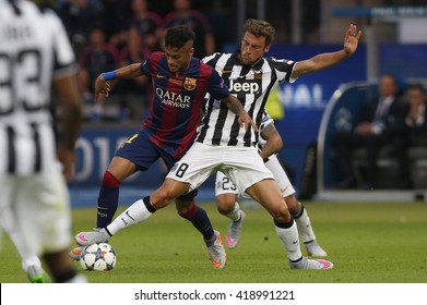 BERLIN, GERMANY- JUNE  2015: Marchisio And Neymar   In Action During Uefa Champions League Final Football Match Between Juventus Vs Barcellona At The Olympiastadion  On June 6, 2015 In Berlin.

