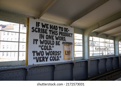 Berlin, Germany, June 2022, Illustrative Editorial: Big Ad For Oatly Plant Based And Vegan Ice Cream In Kottbusser Tor Metro Station In Berlin