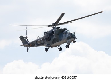 BERLIN / GERMANY - JUNE 3 2016: Czech Mil Mi - 24 Hind Attack Helicopter Flies In Berlin, Germany On June 3, 2016.