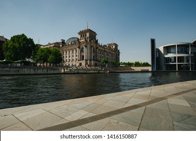 Berlin, Germany - June 4, 2019: Tourist River Spree At German Reichtag Building And Paul Löbe Haus In Berlin