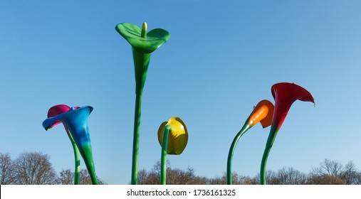 BERLIN, GERMANY - MARCH 25, 2020: Detail Of The Giant Colourful Calla Lilies Monument At The First Homosexual Emancipation Movement Memorial From 2017.