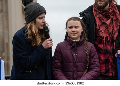 Berlin, Germany - March 29th 2019: Greta Thunberg on stage at the Fridays for future demo.