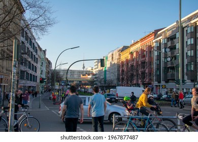 Berlin, Germany - March 30 2021: Landscape view of near Kottbuser Tor on Spree river in Kreuzberg