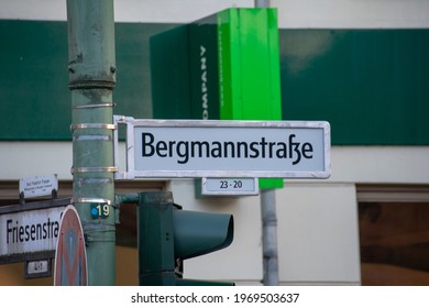 Berlin, Germany - March 30 2021: Landscape of Bergmannstrasse street sign in Bergmannkiez in Kreuzberg 