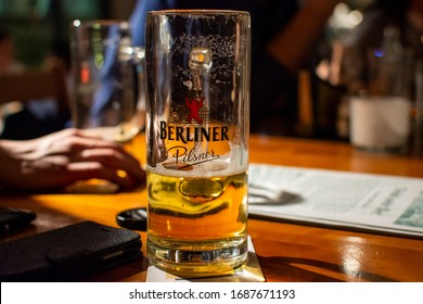 Berlin, Germany - March 8, 2017: Glass Of Berliner Pilsner Beer Served In A Bar In Berlin, Germany