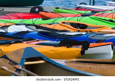 BERLIN, GERMANY - MAY 03, 2014: Sport boats, kayaks and canoes at the marina. Background. 2nd Berlin watersports festival in Gruenau, on the river Dahme tributary of the river Spree