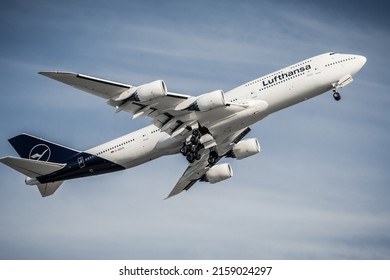 BERLIN, GERMANY - May 08, 2018: A Closeup Shot Of The A350 Airplane In The Sky